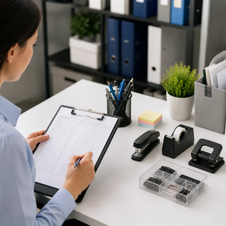 Vrouw vult een lijst in op een klembord aan een bureau met nietmachine, perforator en plakband